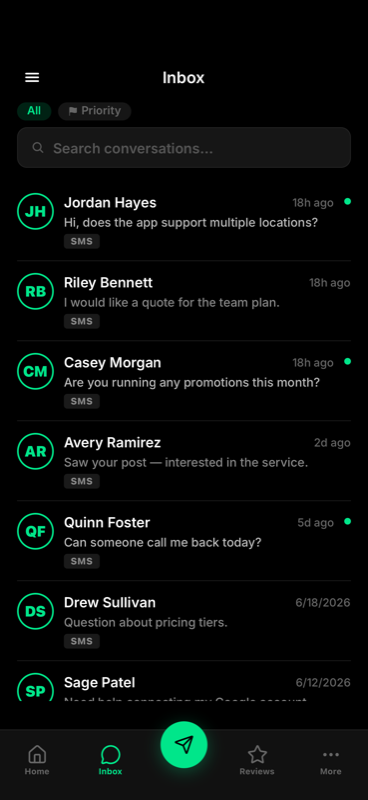 Reveo mobile app unified inbox, so technicians can reply to customers from their phone