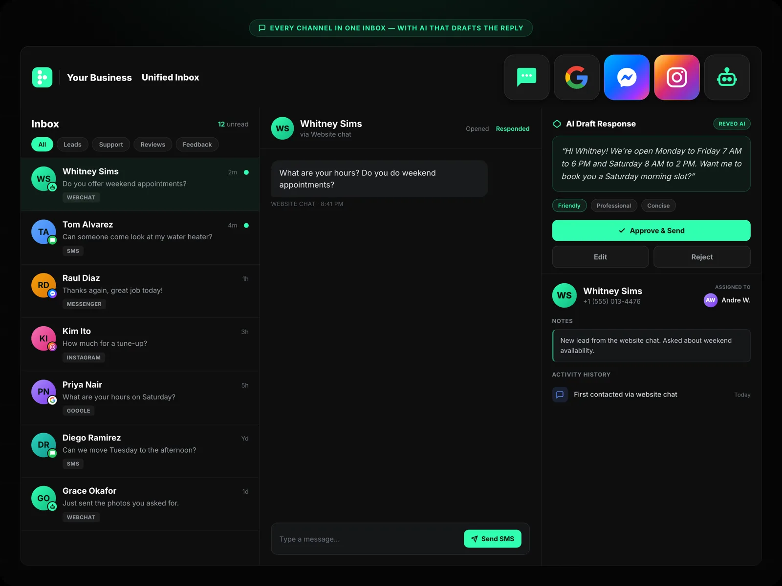 Reveo AI drafting a reply with business hours to a website chat question, ready to approve and send