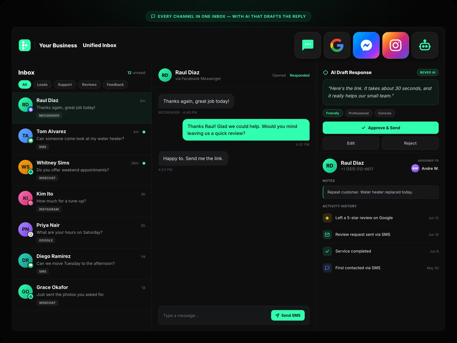 Reveo business messaging inbox answering a Facebook Messenger conversation, with SMS, Google, Instagram and website chat threads in the same list