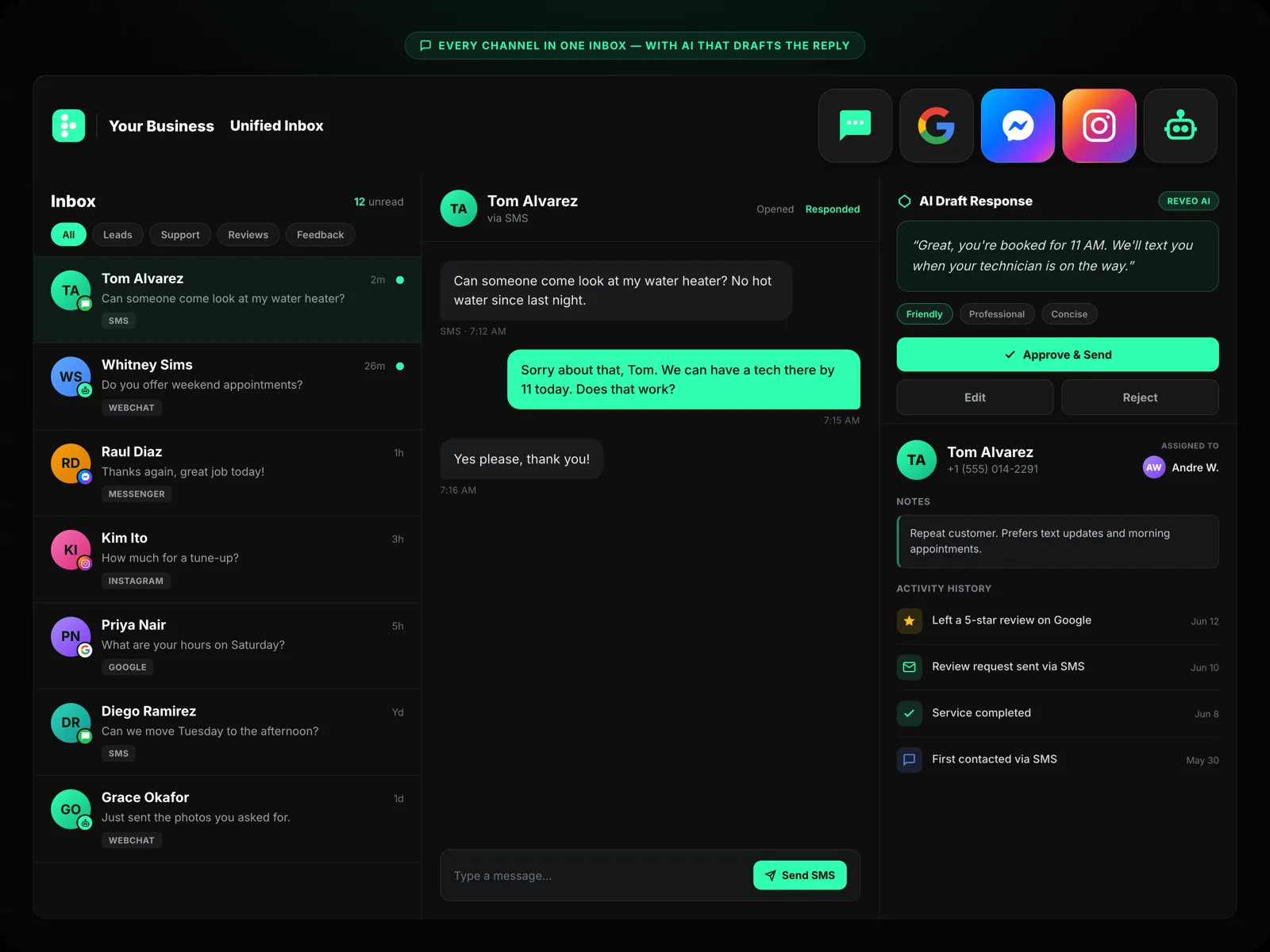 Reveo unified inbox with SMS, Google, Facebook Messenger, Instagram and website chat conversations in one list, an AI-drafted reply and the customer contact panel