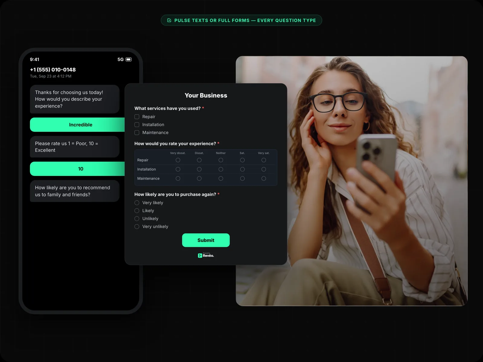 A text-message pulse survey on a phone next to a multi-question customer survey form with a rating matrix